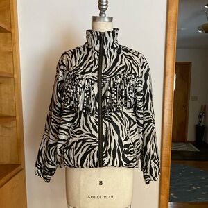ABVIEN Zebra Print Fringed/Tasseled Black and White Medium Women's Jacket